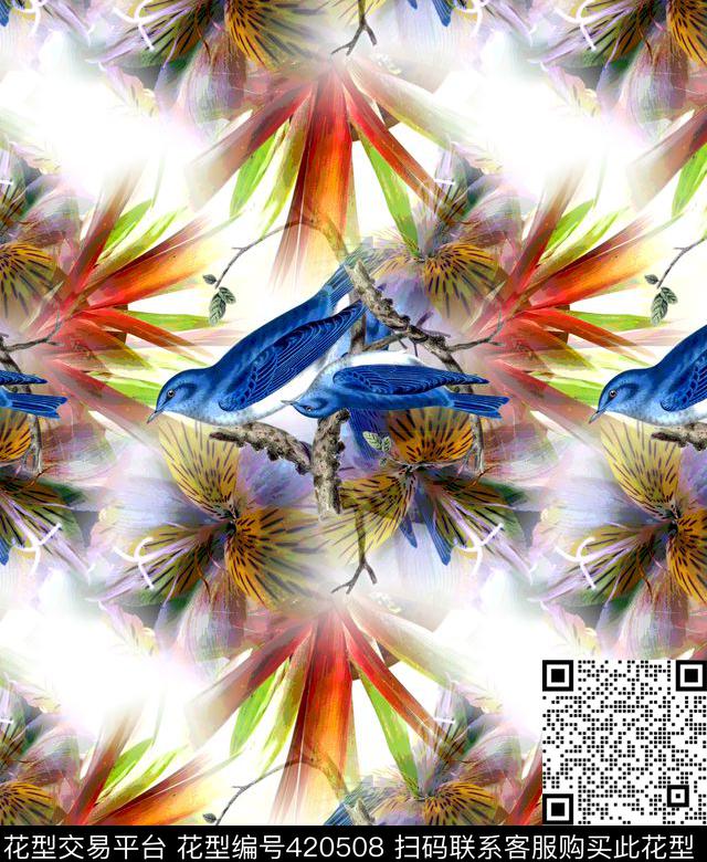 写意鸟虚实数码印花华亿平台下载（图片编号: 420508） - 瓦栏（Walan）