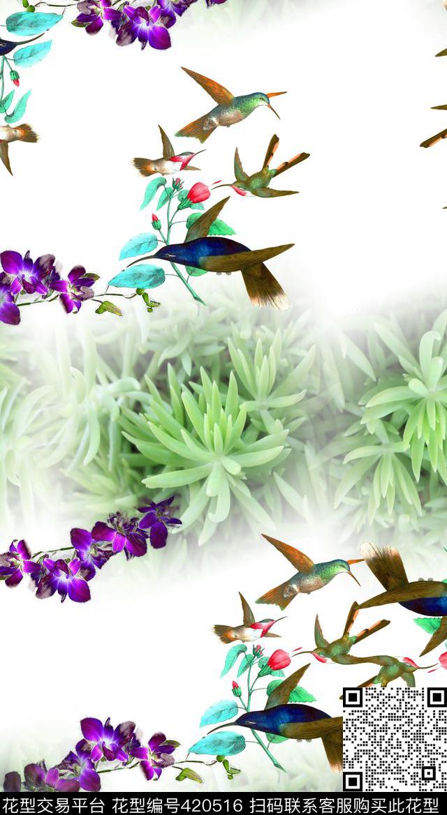 田园鸟花数码印花华亿平台下载（图片编号: 420516） - 瓦栏（Walan）