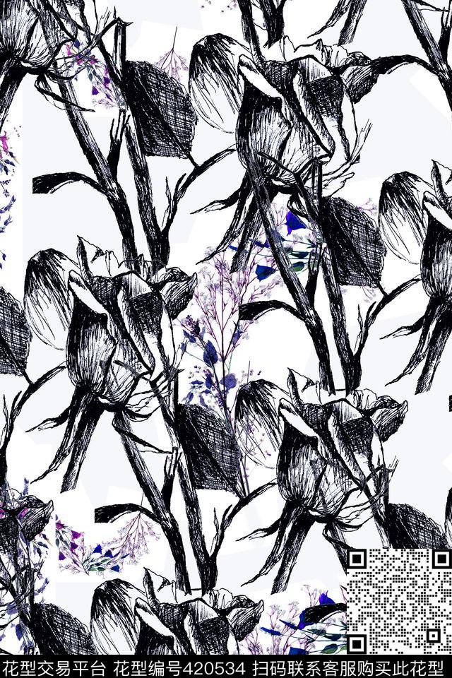 女装四方连续花鸟植物传统印花华亿平台下载（图片编号: 420534） - 瓦栏（Walan）