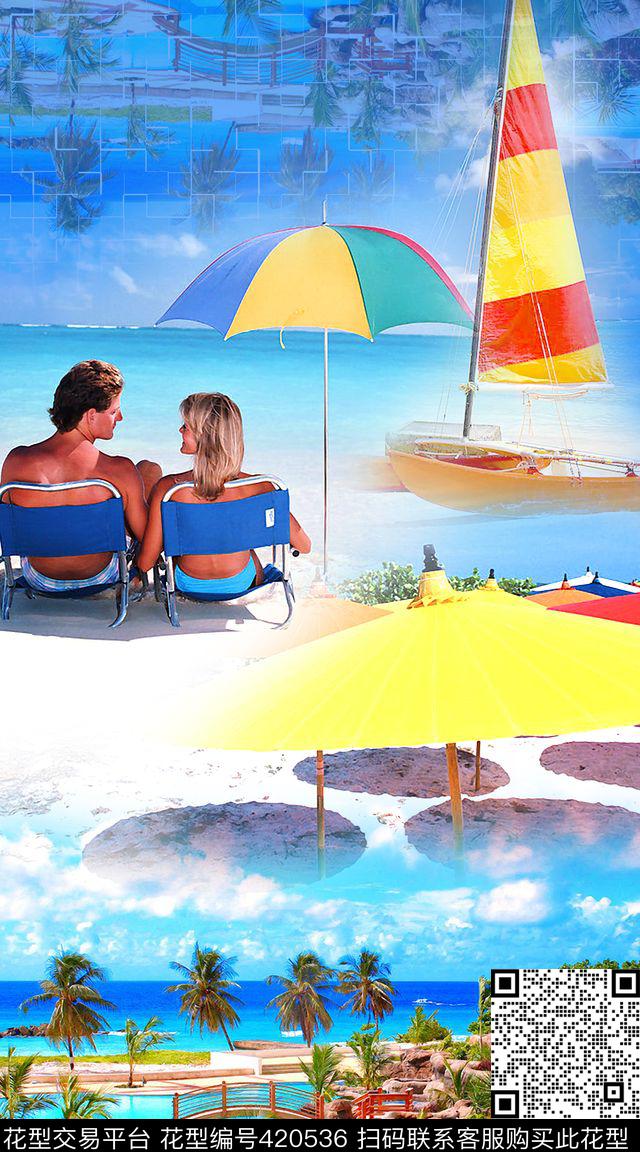 度假风热带植物人物数码印花华亿平台下载（图片编号: 420536） - 瓦栏（Walan）