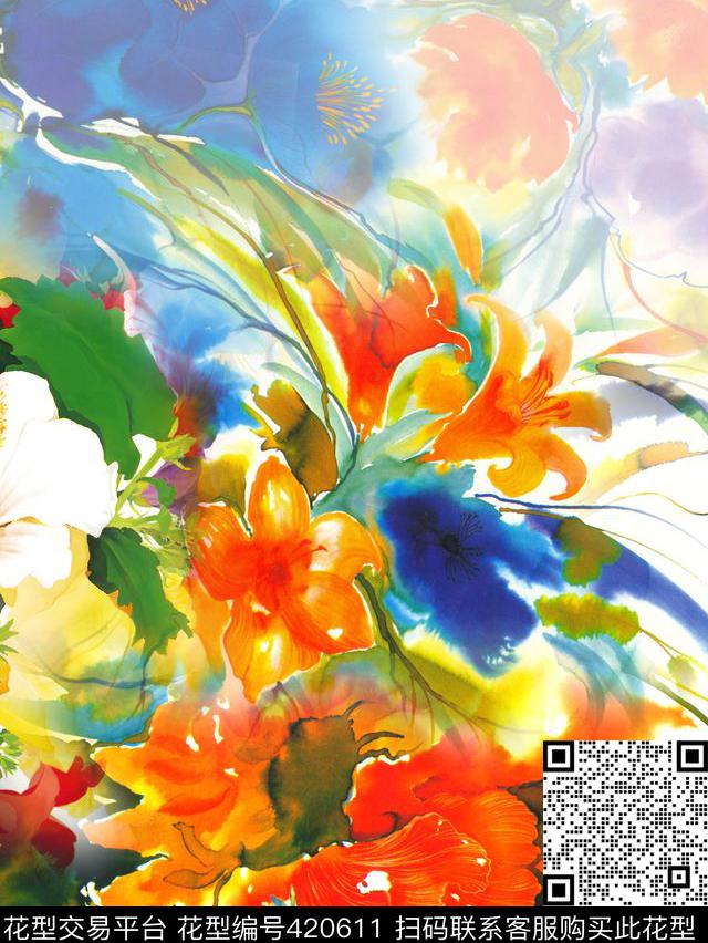 花卉手绘晕染数码印花华亿平台下载（图片编号: 420611） - 瓦栏（Walan）