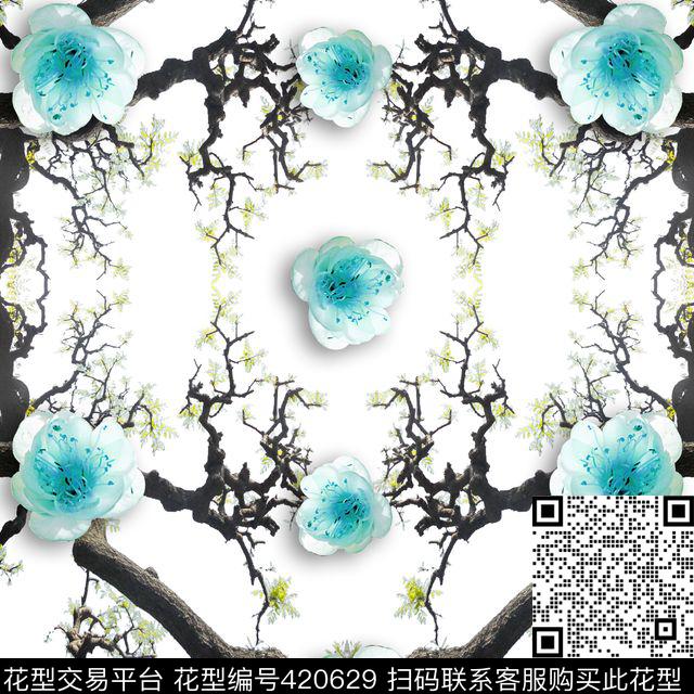 花瓣树枝中国风数码印花华亿平台下载（图片编号: 420629） - 瓦栏（Walan）