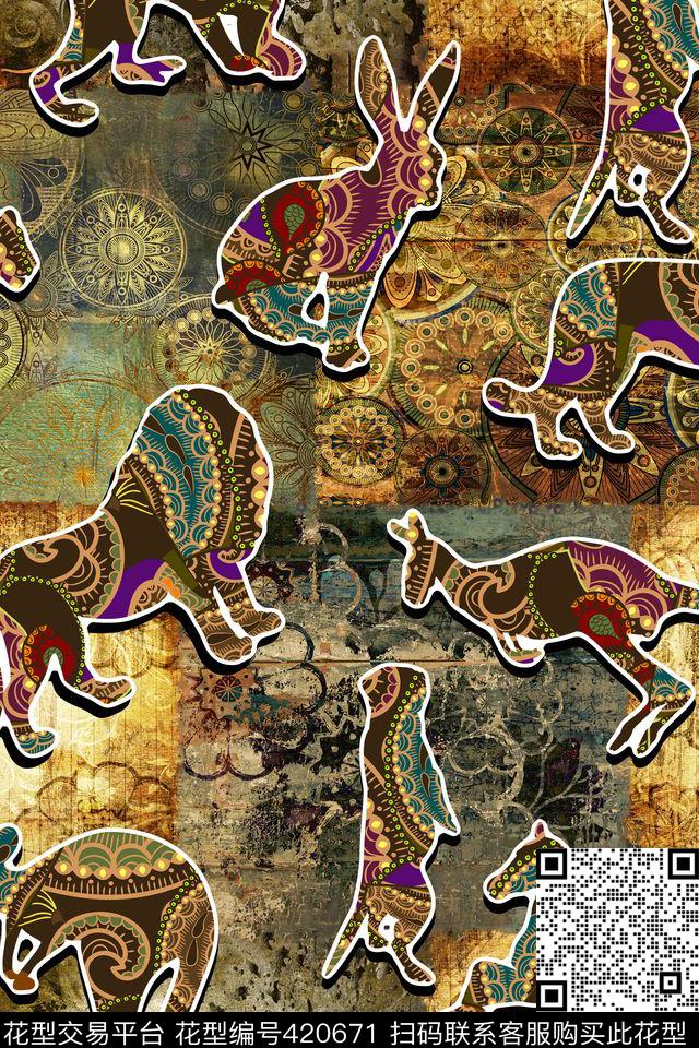 民族风非洲动物最炫民族风数码印花华亿平台下载（图片编号: 420671） - 瓦栏（Walan）