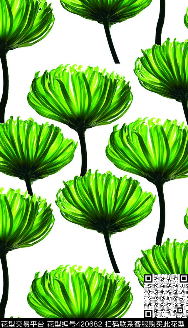 花卉绿花绿色数码印花华亿平台下载（图片编号: 420682） - 瓦栏（Walan）