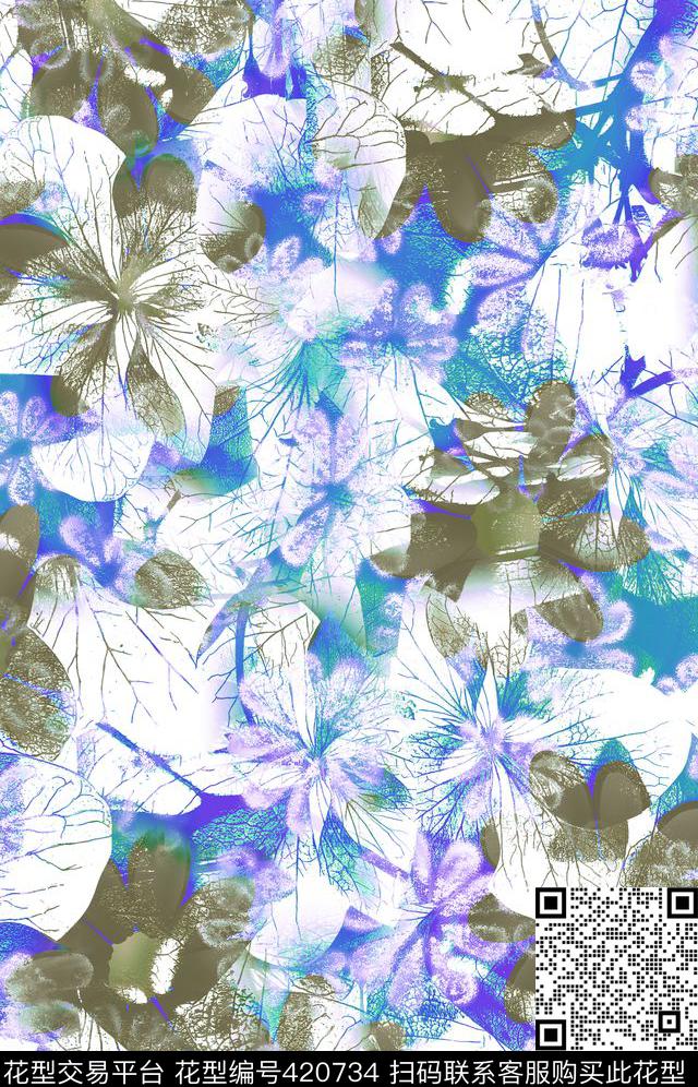 花卉休闲叶脉数码印花华亿平台下载（图片编号: 420734） - 瓦栏（Walan）