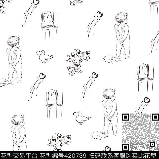 天使涂鸦线描传统印花华亿平台下载（图片编号: 420739） - 瓦栏（Walan）