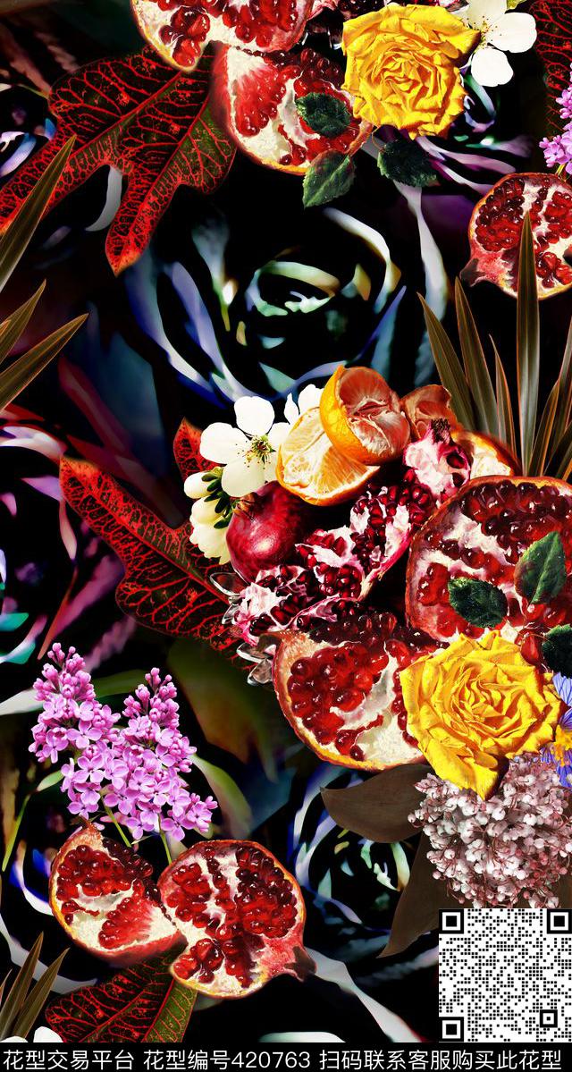 油画花卉石榴数码印花华亿平台下载（图片编号: 420763） - 瓦栏（Walan）