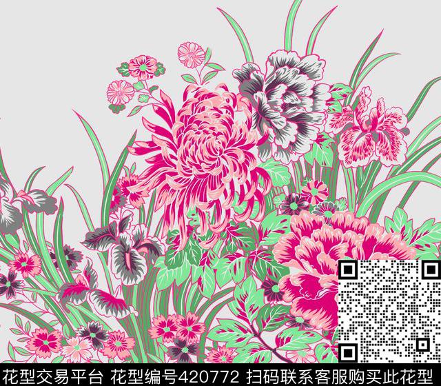 花开富贵花团锦簇牡丹花开传统印花华亿平台下载（图片编号: 420772） - 瓦栏（Walan）