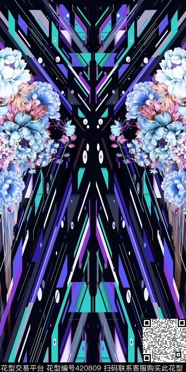 定位花卉几何数码印花华亿平台下载（图片编号: 420809） - 瓦栏（Walan）