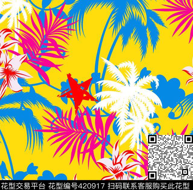 椰树+星形状印花椰树传统印花华亿平台下载（图片编号: 420917） - 瓦栏（Walan）