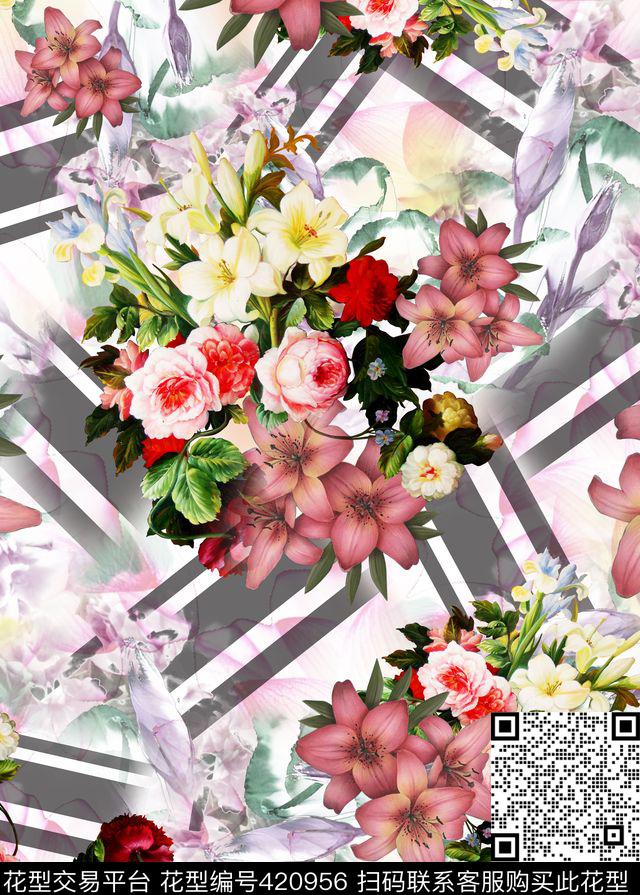 抽象花卉几何数码印花华亿平台下载（图片编号: 420956） - 瓦栏（Walan）