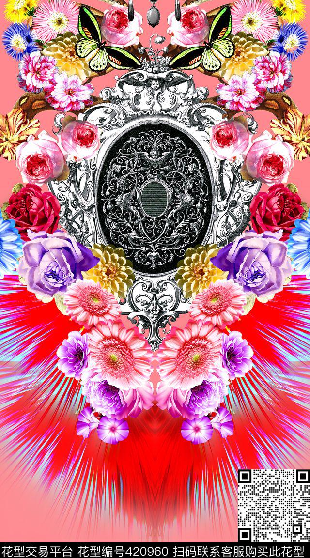 时尚花卉相框数码印花华亿平台下载（图片编号: 420960） - 瓦栏（Walan）