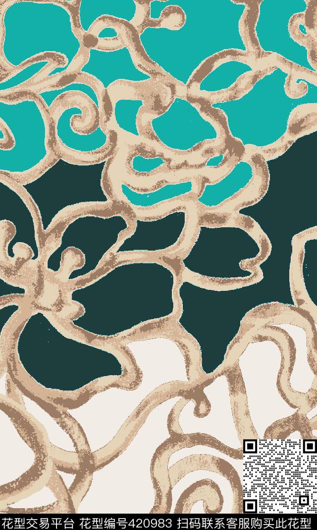 抽象线形花面料华亿平台传统印花华亿平台下载（图片编号: 420983） - 瓦栏（Walan）