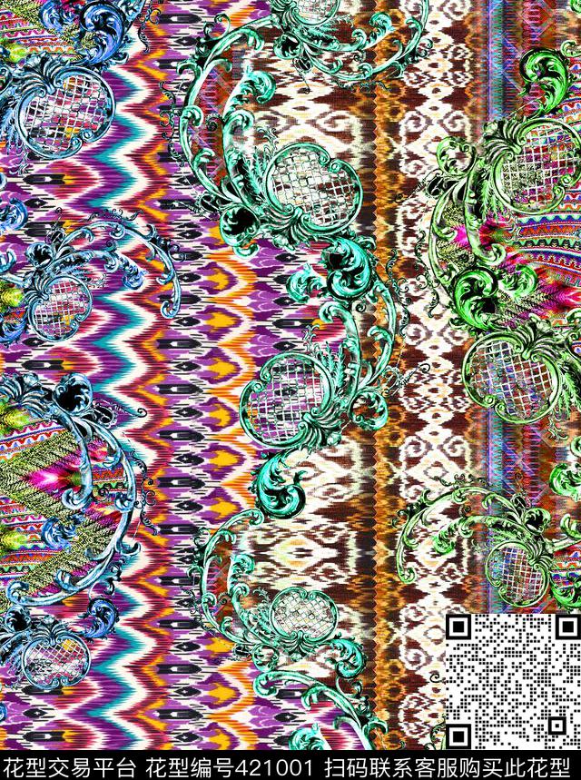 民族风几何拼接数码印花华亿平台下载（图片编号: 421001） - 瓦栏（Walan）