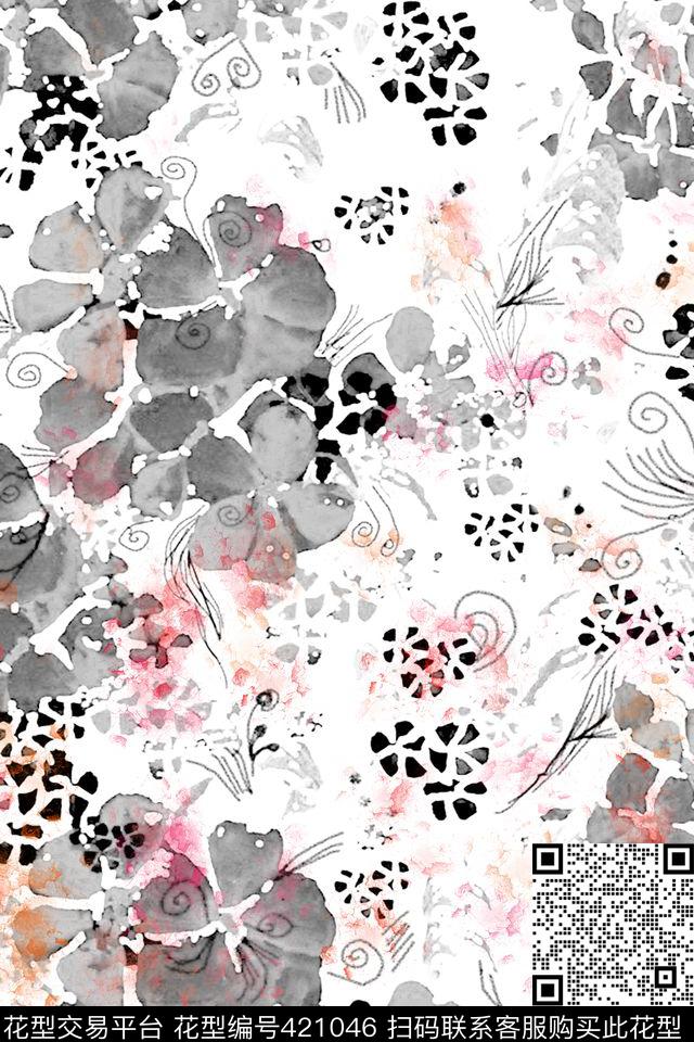 抽象花瓣水彩数码印花华亿平台下载（图片编号: 421046） - 瓦栏（Walan）
