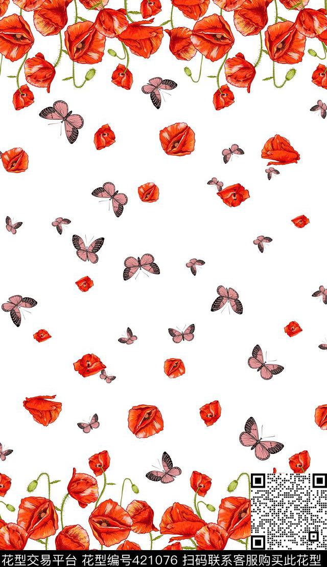 手绘蝴蝶花卉传统印花华亿平台下载（图片编号: 421076） - 瓦栏（Walan）