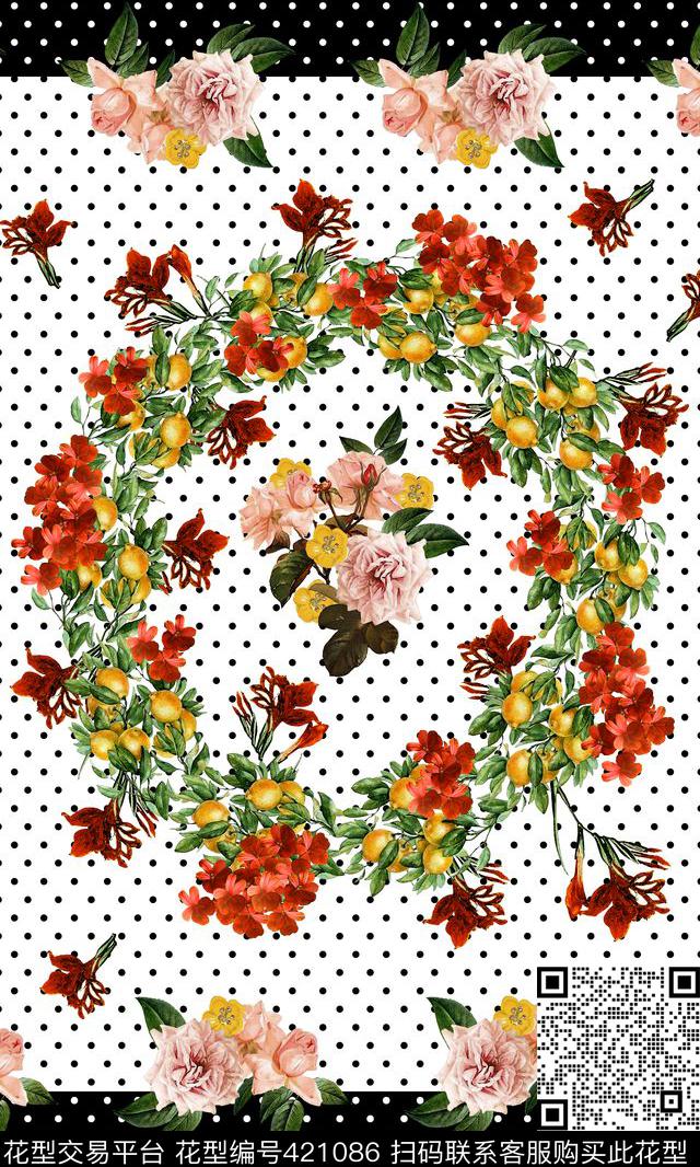 杜嘉班纳圆点水果花卉春夏款数码印花华亿平台下载（图片编号: 421086） - 瓦栏（Walan）