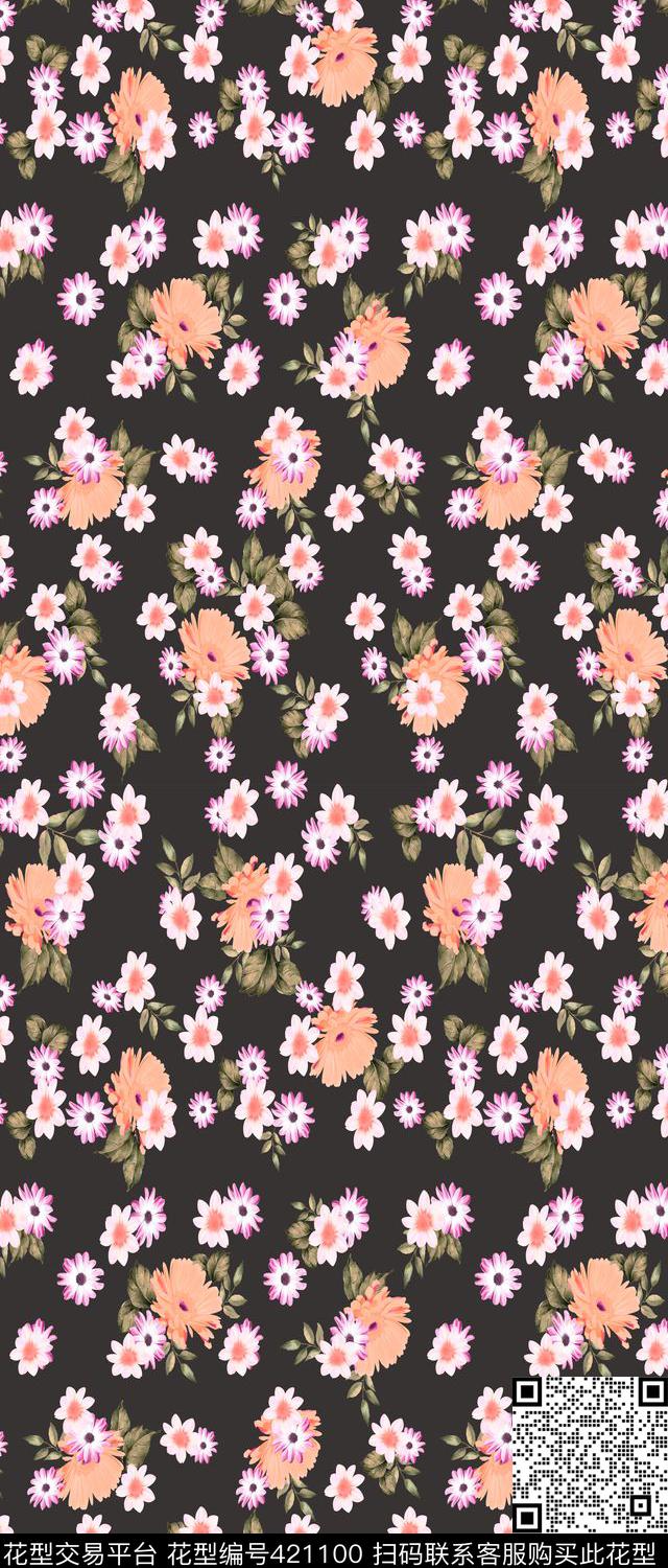 女装四方连续花鸟植物数码印花华亿平台下载（图片编号: 421100） - 瓦栏（Walan）