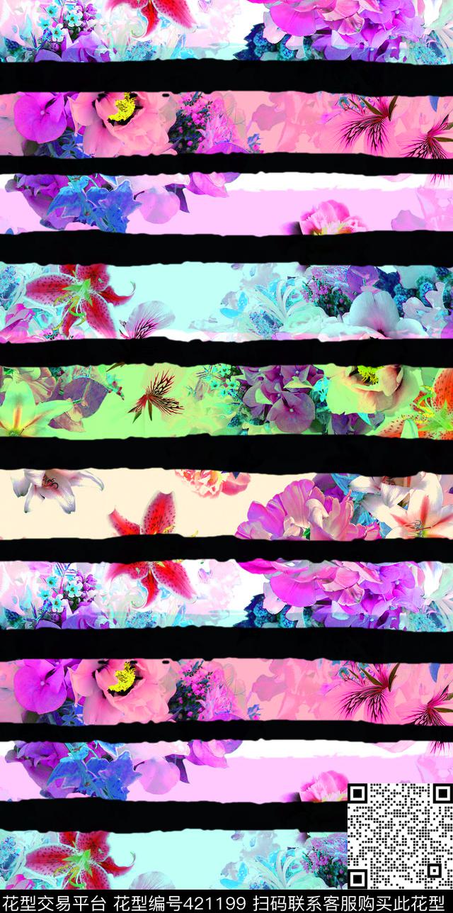 花卉条纹花卉优雅清新数码印花华亿平台下载（图片编号: 421199） - 瓦栏（Walan）