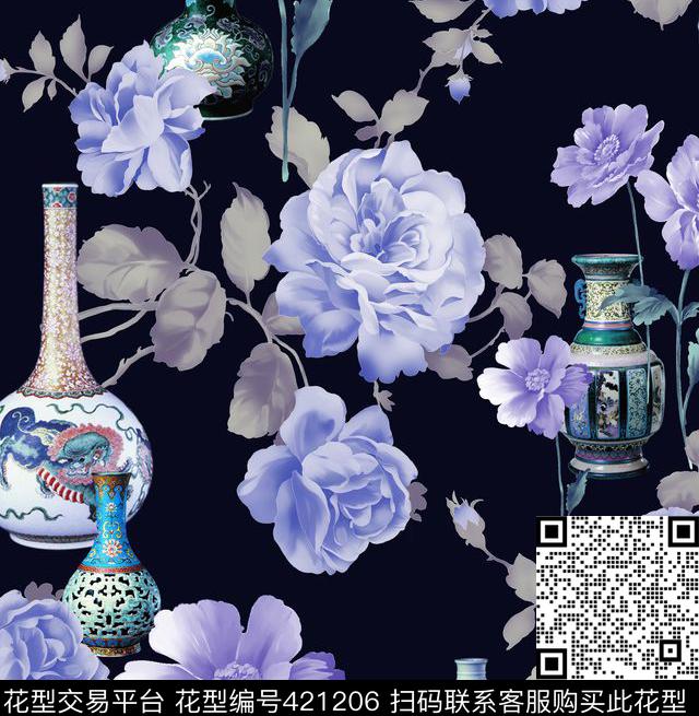 花卉青花陶瓷手绘数码印花华亿平台下载（图片编号: 421206） - 瓦栏（Walan）