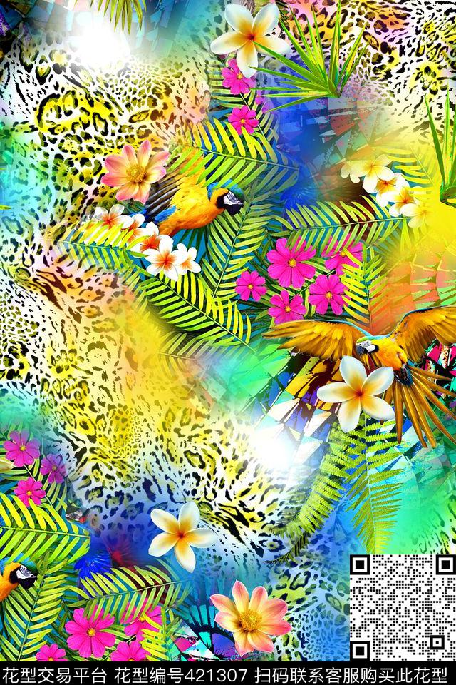 热带风豹纹鹦鹉数码印花华亿平台下载（图片编号: 421307） - 瓦栏（Walan）