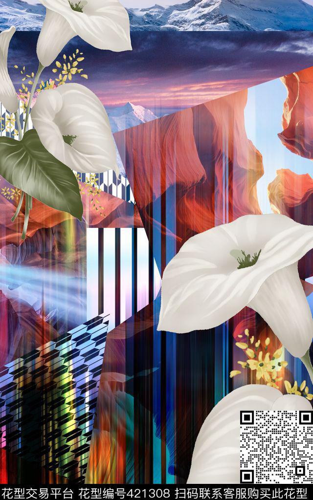 定位黑白格子花卉数码印花华亿平台下载（图片编号: 421308） - 瓦栏（Walan）