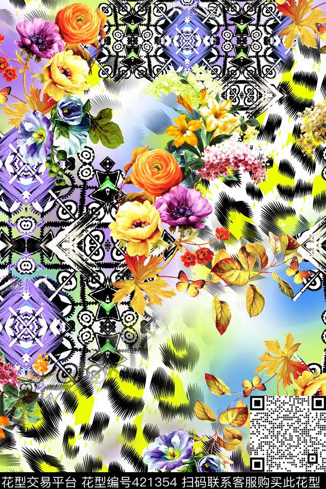 时尚花卉豹纹数码印花华亿平台下载（图片编号: 421354） - 瓦栏（Walan）