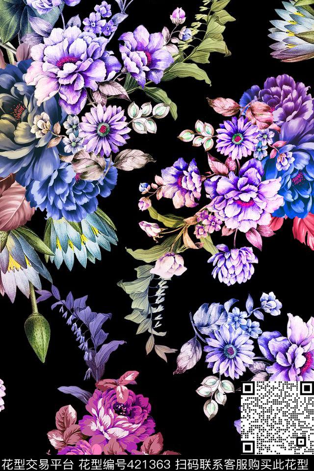 花卉四方连续数码印花华亿平台下载（图片编号: 421363） - 瓦栏（Walan）