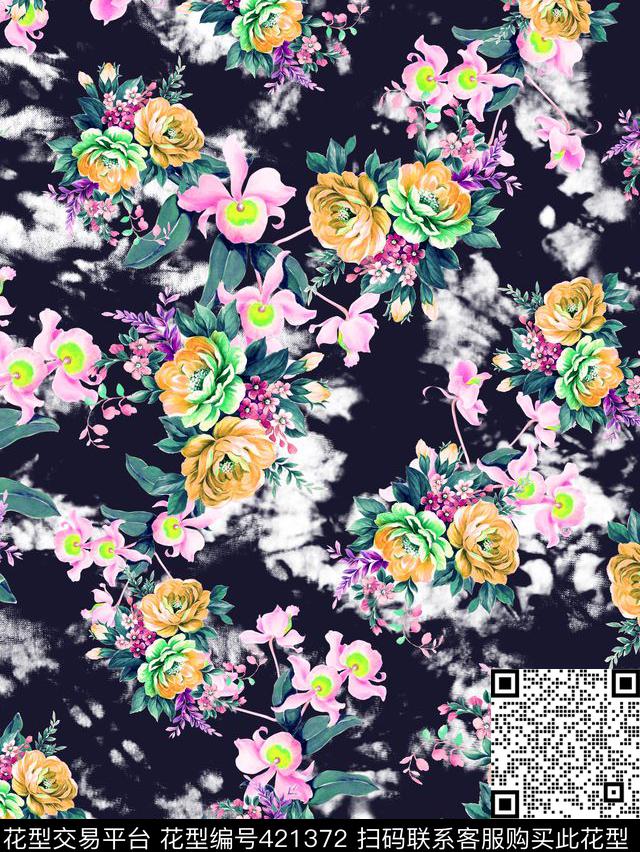 花卉手绘花卉扎染底纹数码印花华亿平台下载（图片编号: 421372） - 瓦栏（Walan）