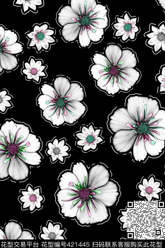 黑白花瓣花卉数码印花华亿平台下载（图片编号: 421445） - 瓦栏（Walan）