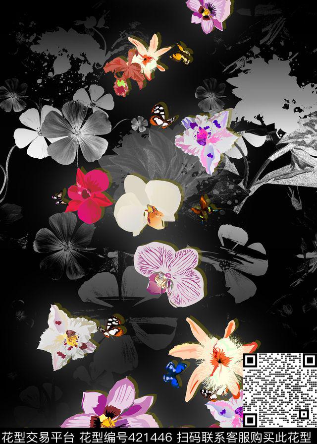 黑底花纹流行手绘花时尚流行数码印花华亿平台下载（图片编号: 421446） - 瓦栏（Walan）