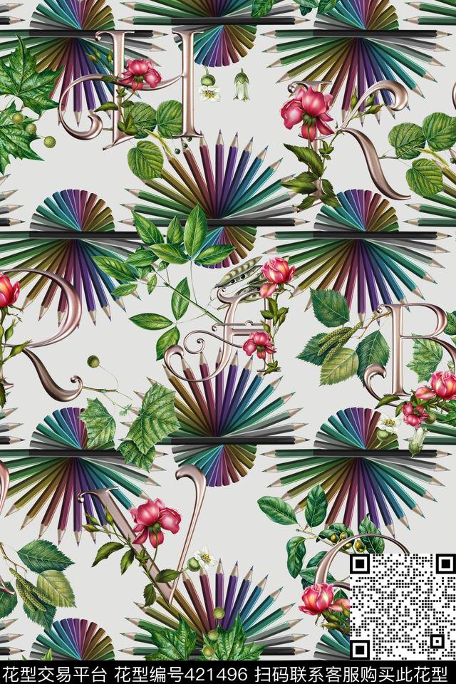 时尚休闲英文彩笔流行时尚花卉数码印花华亿平台下载（图片编号: 421496） - 瓦栏（Walan）