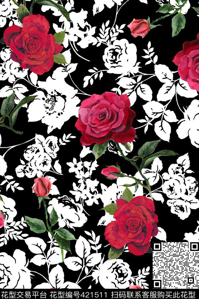 数码印花玫瑰花花卉数码印花华亿平台下载（图片编号: 421511） - 瓦栏（Walan）