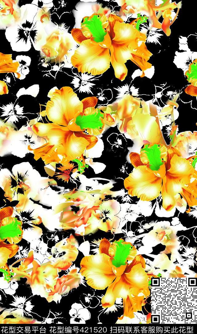沙滩花多色花夲黑底花夲传统印花华亿平台下载（图片编号: 421520） - 瓦栏（Walan）