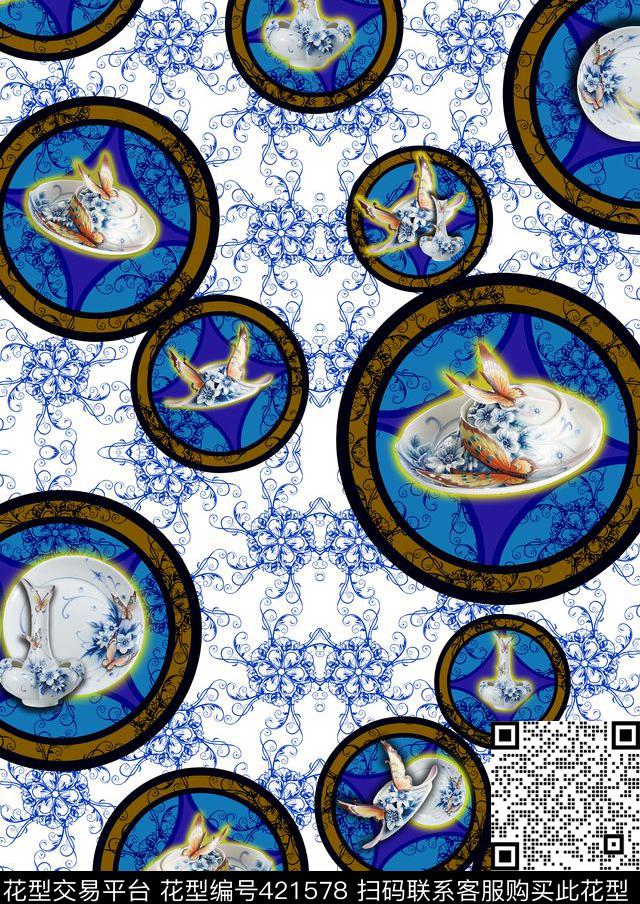 青花中国风民族风数码印花华亿平台下载（图片编号: 421578） - 瓦栏（Walan）