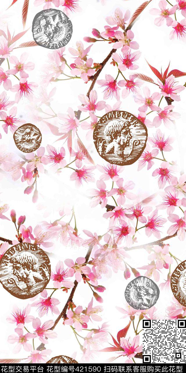 小清新淡雅花卉古钱币数码印花华亿平台下载（图片编号: 421590） - 瓦栏（Walan）