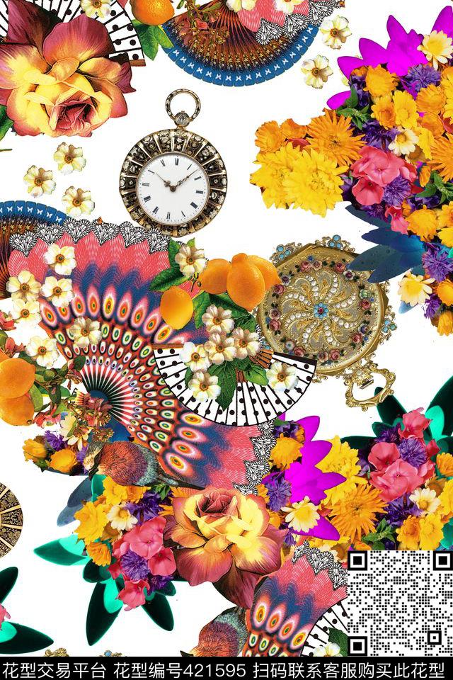 油画手绘扇子钟表数码印花华亿平台下载（图片编号: 421595） - 瓦栏（Walan）