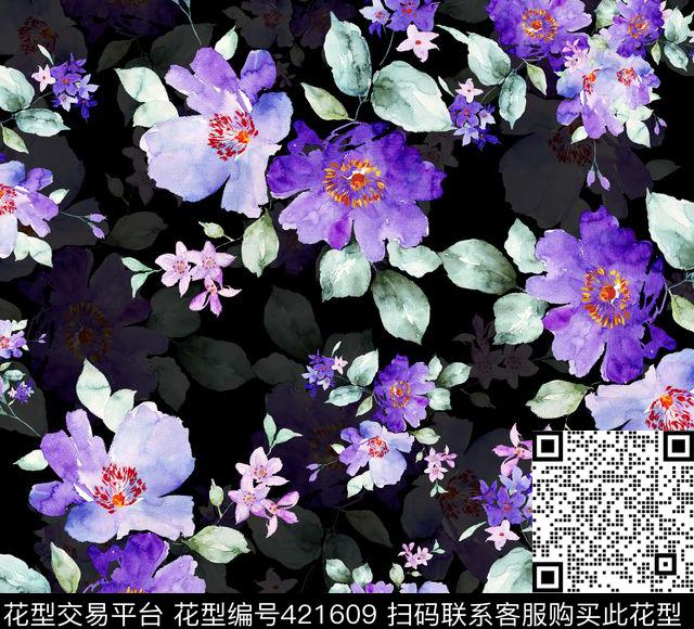 层次花卉花卉手绘数码印花华亿平台下载（图片编号: 421609） - 瓦栏（Walan）