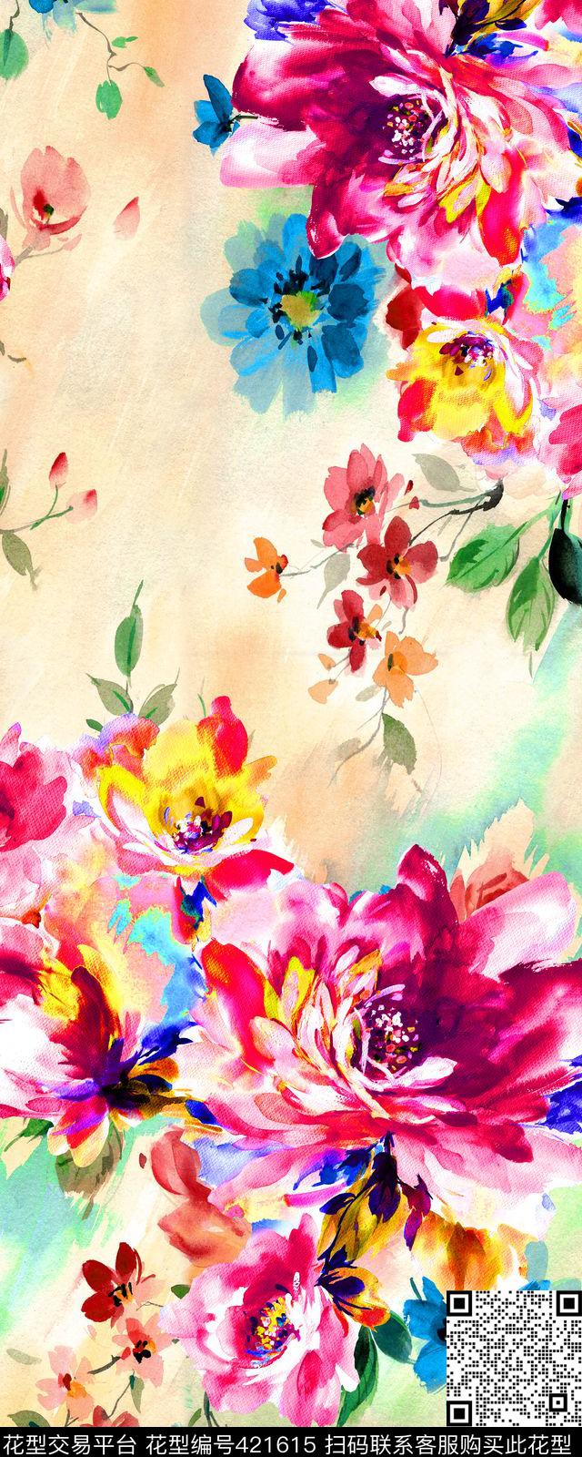 手绘定位浅底大花花卉数码印花华亿平台下载（图片编号: 421615） - 瓦栏（Walan）