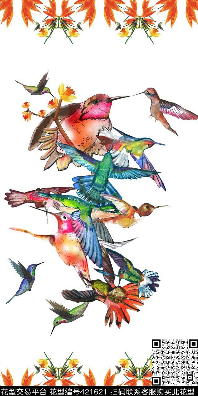 定位花花鸟水彩数码印花华亿平台下载（图片编号: 421621） - 瓦栏（Walan）