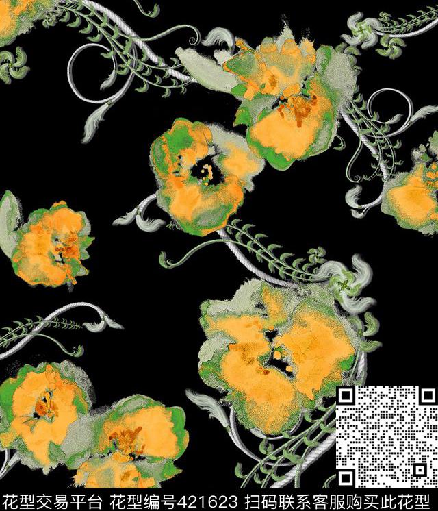 流行元素时尚流行手绘花性传统印花华亿平台下载（图片编号: 421623） - 瓦栏（Walan）