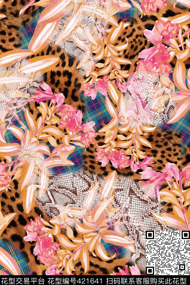 豹纹花卉花朵数码印花华亿平台下载（图片编号: 421641） - 瓦栏（Walan）
