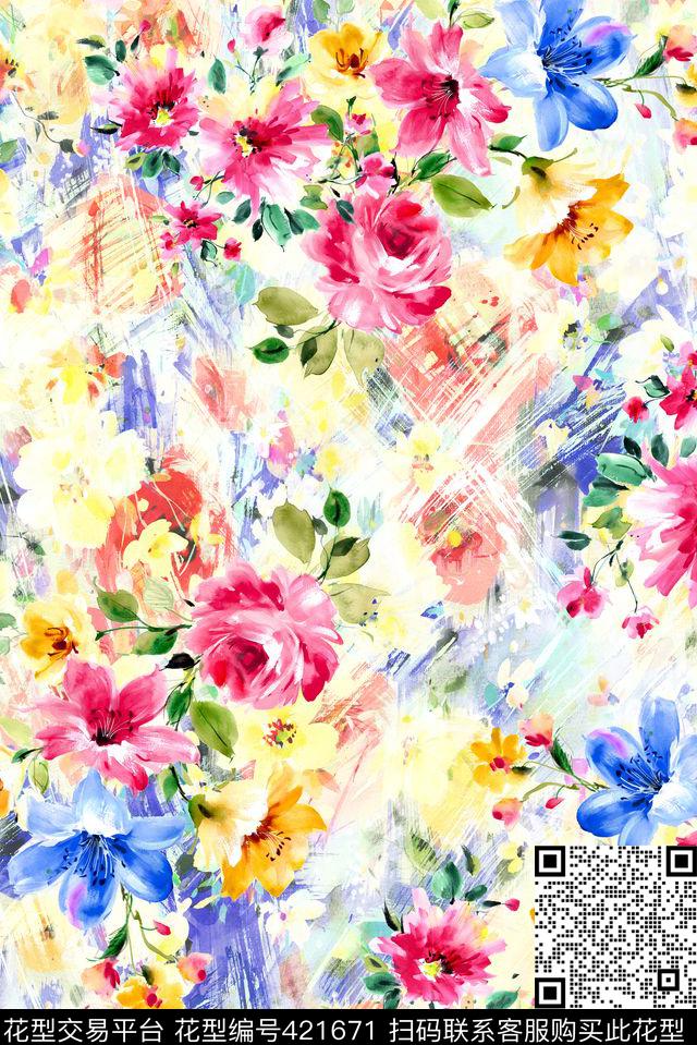 手绘满版浅底小碎花花卉数码印花华亿平台下载（图片编号: 421671） - 瓦栏（Walan）