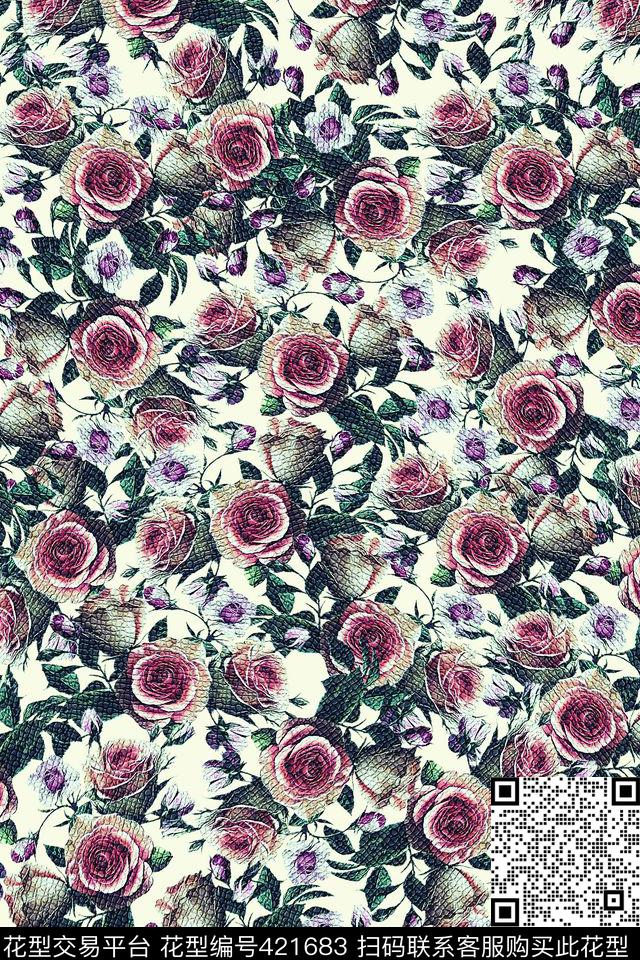 花卉满版清晰数码印花华亿平台下载（图片编号: 421683） - 瓦栏（Walan）