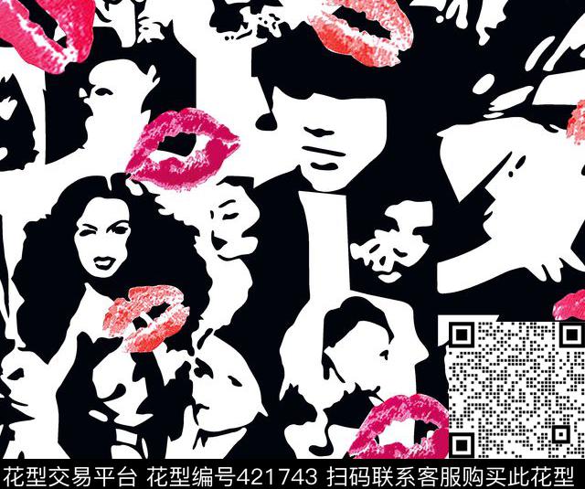 抽象唇印老照片数码印花华亿平台下载（图片编号: 421743） - 瓦栏（Walan）