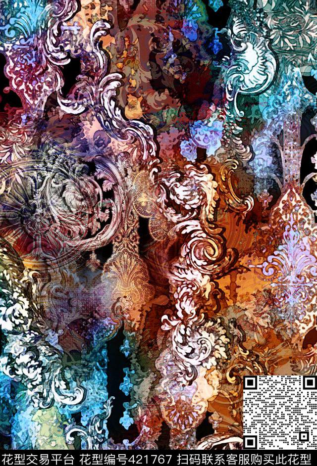 卷叶欧州风唐草纹数码印花华亿平台下载（图片编号: 421767） - 瓦栏（Walan）