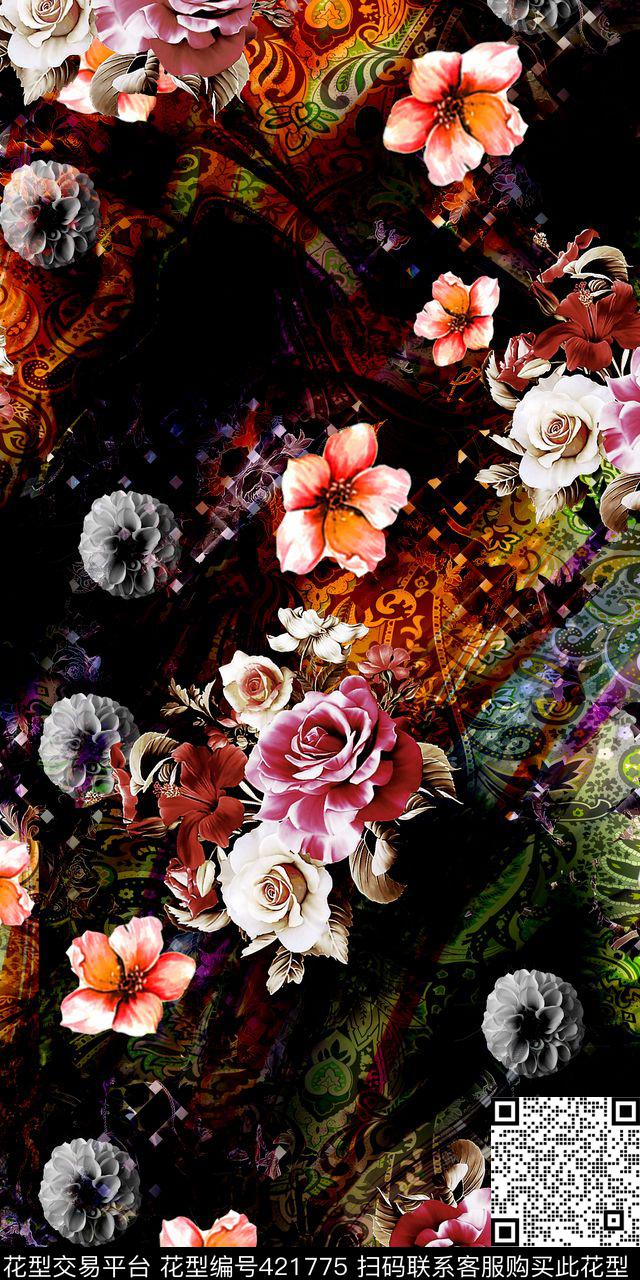 抽象花卉数码印花华亿平台下载（图片编号: 421775） - 瓦栏（Walan）