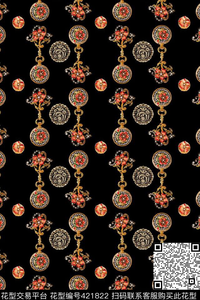 小碎珠宝胸花复古金色图案数码印花华亿平台下载（图片编号: 421822） - 瓦栏（Walan）