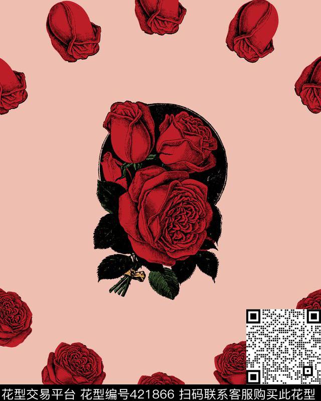 复古花卉玫瑰传统印花华亿平台下载（图片编号: 421866） - 瓦栏（Walan）