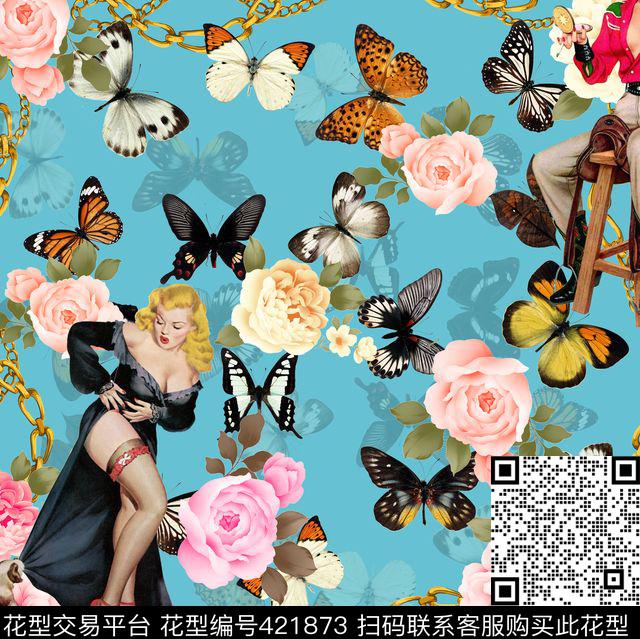 插画美女蝴蝶手绘花卉数码印花华亿平台下载（图片编号: 421873） - 瓦栏（Walan）